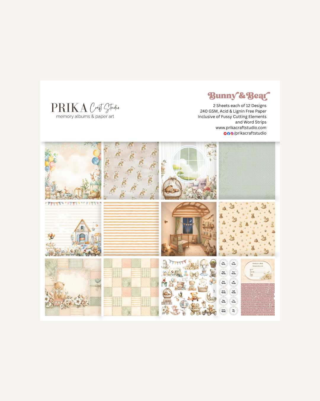 Bunny & Bear | Neutral Baby Theme | Paper Collection |12*12 Inches