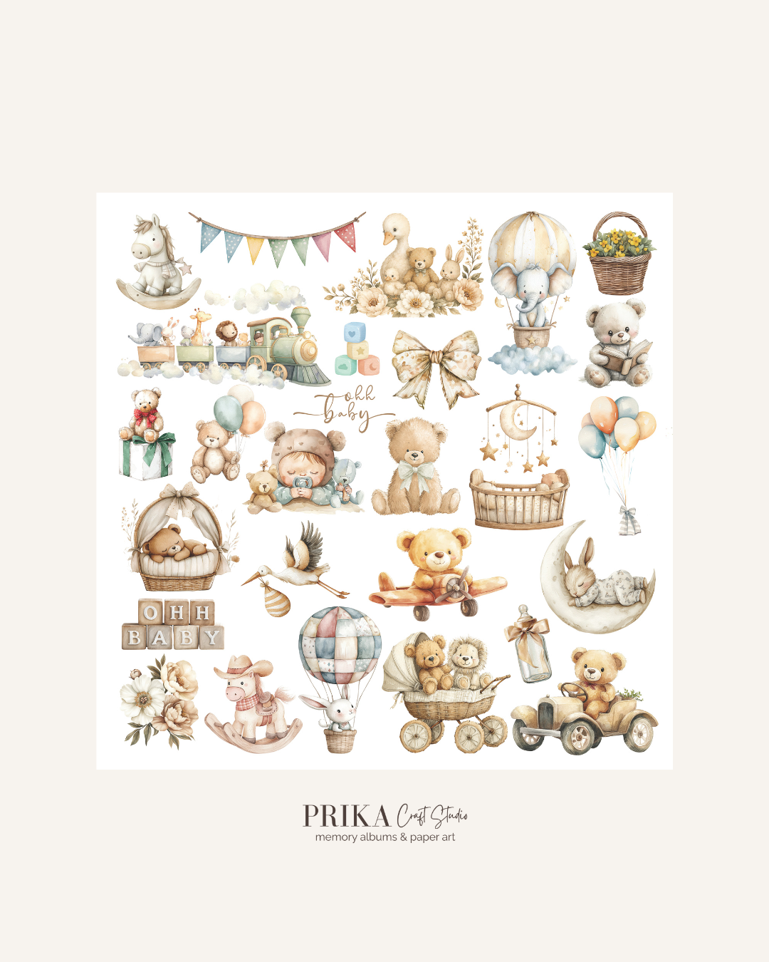 Bunny & Bear | Neutral Baby Theme | Element Sheet | 12*12 Inches